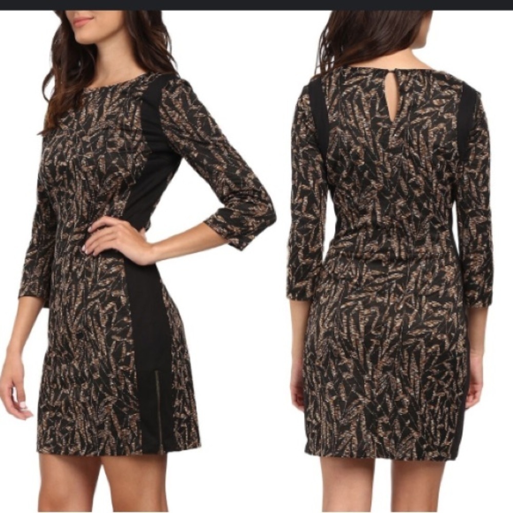 London Times Black/Tan Stretch Matte Knit Dress w/Side Zip Slit sz 6